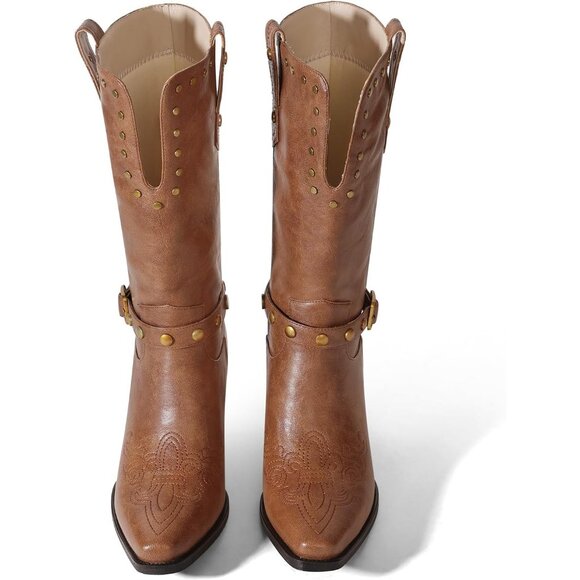 Womens Light  Brown Faux Leather Mid Calf Square Toe Chunky Heel Studded Boots - Picture 6 of 6